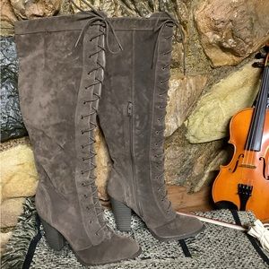 Knee high lace up suede like material boots